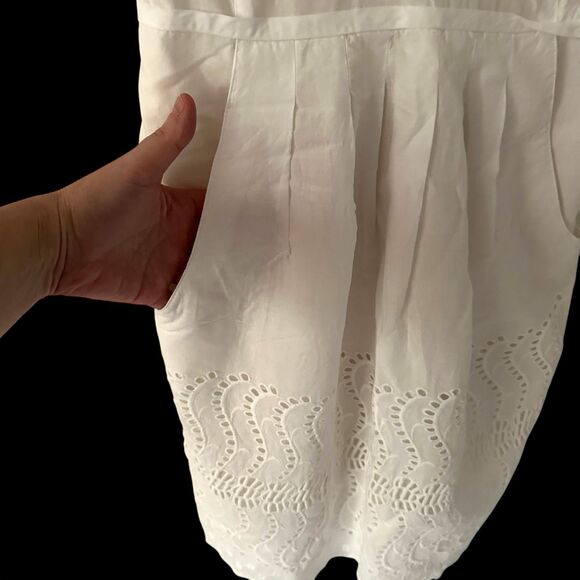 J. Crew Sleeveless V-Neck White Cotton Lined Dress with Please and Eyelet Size 2 - Picture 3 of 7